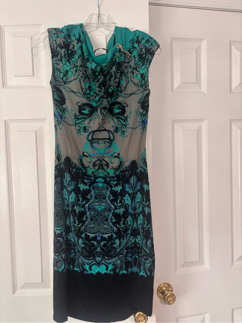 Roberto Cavalli Teal and Black Printed Midi Dress size 44 women’s